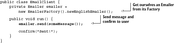 A client uses Emailer to send messages typed by a user