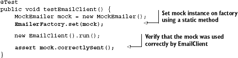 Test sets up a mock instance for EmailClient using Emailer's Factory