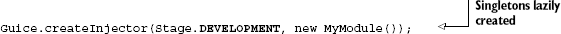 Eagerly bound singletons are created along with the injector itself. 