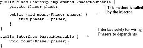 Phaser mounted on a starship via interface wiring