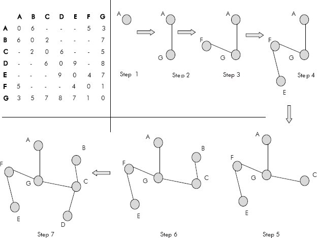 The adjacency matrix and the different steps of obtaining MST