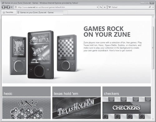 Examples of different games available for the Zune player.