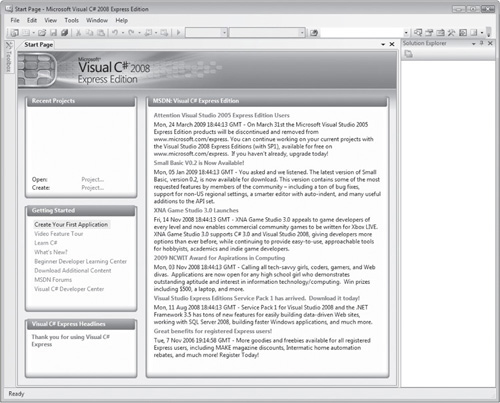 An example of how Visual C# 2008 Express looks when initially loaded on a computer running Microsoft Vista.