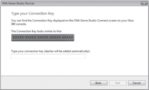 Enter the connection key generated by your Xbox 360.