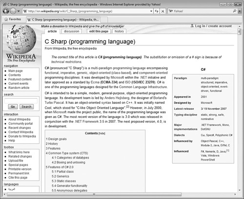 Wikipedia’s C Sharp page is maintained by a global community of C# programmers.