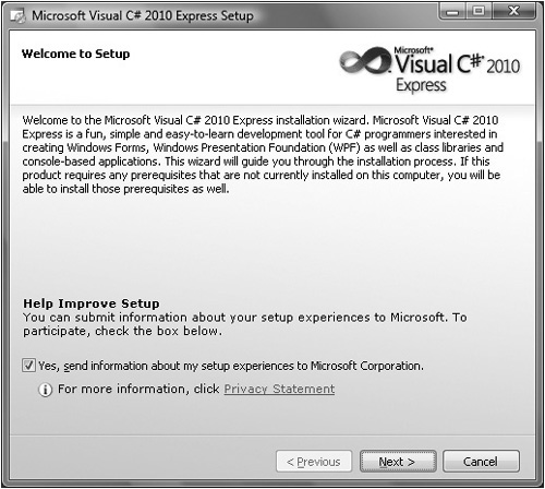 The installation wizard for Visual Studio Express.