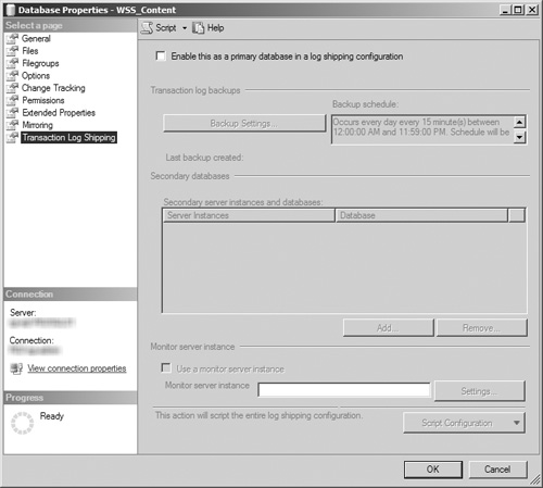 The Transaction Log Shipping page of the Database Properties dialog box.