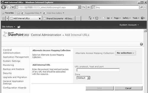 The Add Internal URLs page in the SharePoint Central Administration site.