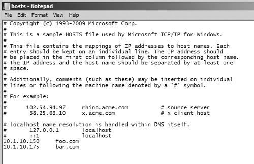 An example of the Hosts file on a Windows server.