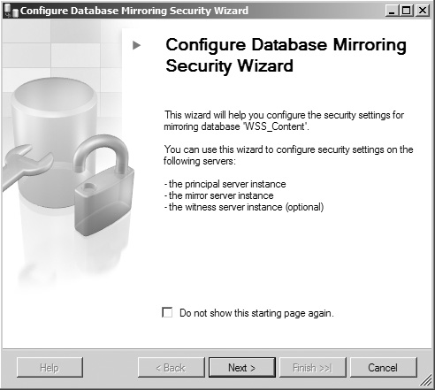 The opening screen of the Configure Database Mirroring Security Wizard.