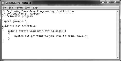 The DrinkJava program can be edited using any text editor.