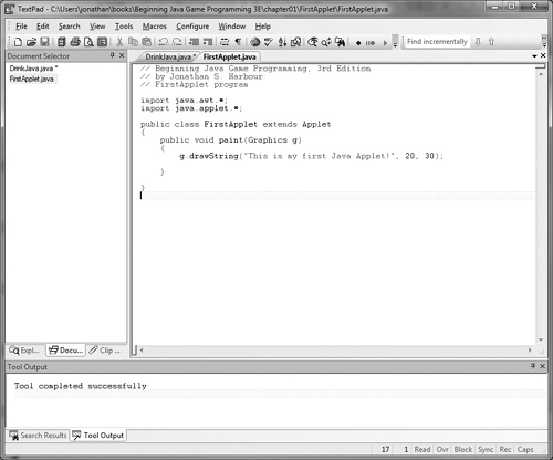 The FirstApplet source code in TextPad.