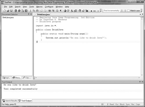 Java console output now goes to the Output window in TextPad.