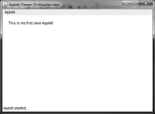 The FirstApplet program is running inside the Applet Viewer utility.