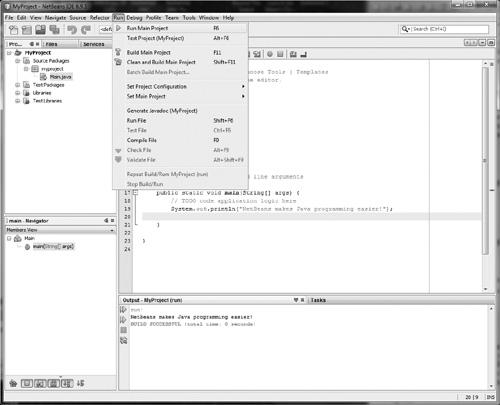 Compiling and running the project in NetBeans.