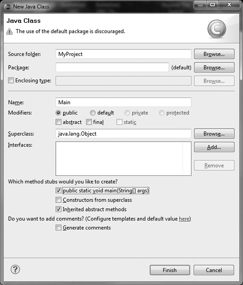 Adding a source file with the New Java Class dialog.