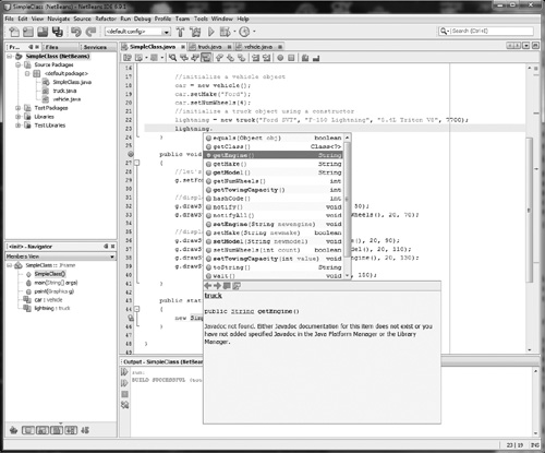 NetBeans displays the contents of a class with a pop-up window.