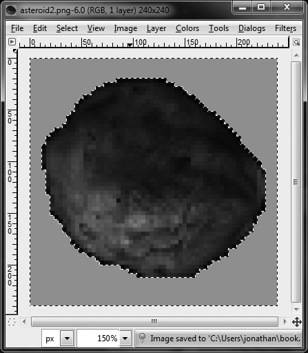 The outer edge of the asteroid image has been selected with the Magic Wand tool.