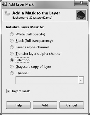 The Add Layer Mask dialog is used to choose options for the new layer mask.