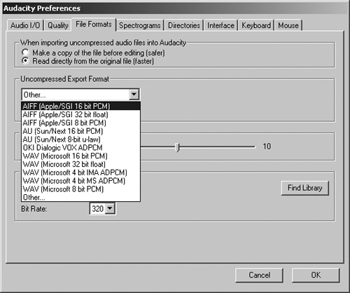 Changing the digital sample format settings in Audacity.