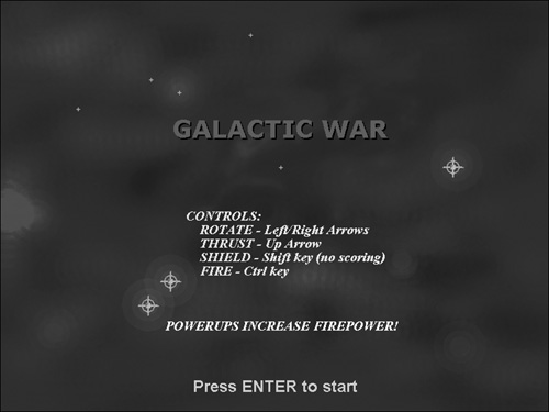 The title screen of Galactic War displays the key controls.