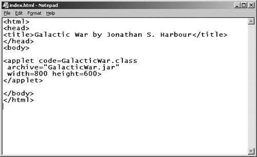 Creating a webpage file called GalacticWar.html.