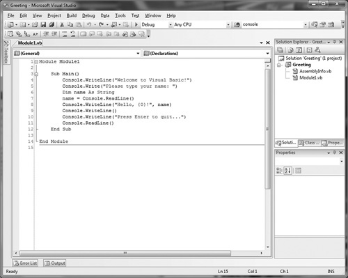 The new Greeting program in the Visual Basic editor.