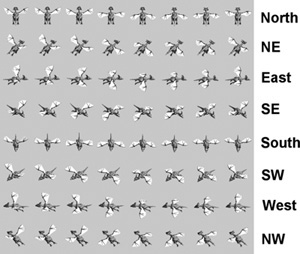 A dragon sprite sheet with an 8 × 8 layout of animation frames, courtesy of www.reinerstileset.de.