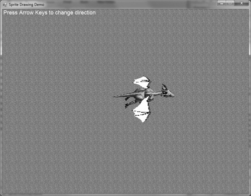 The user controls an animated dragon sprite in the Sprite Drawing Demo program.