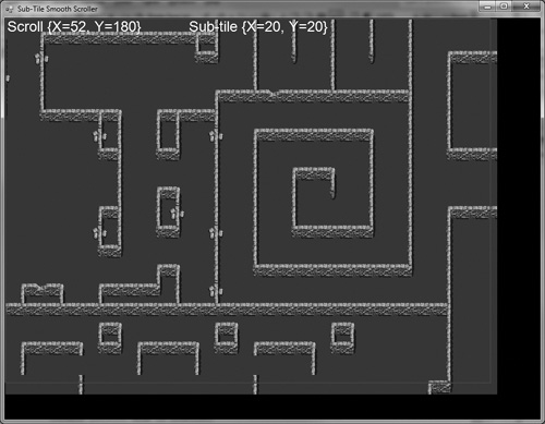 Smooth sub-tile scrolling is accomplished using an image buffer.