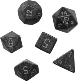 Six different dice with 4, 6, 8, 10, 12, and 20 sides. Image courtesy of Wikipedia.