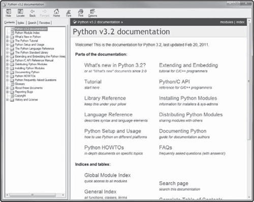 Python documentation displayed as a Windows help file.