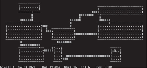 Rogue running on a Unix terminal. Image courtesy of Wikipedia.