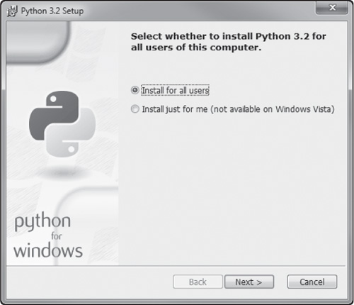 The first screen that comes up with the Python 3.2 installer.