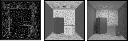 Figure showing the input of the classic radiosity method consists of a list of patches (triangles, in this example) with their average self-emitted radiosity Bie (left) and reflectivity ρi (middle) given. These data suffice in order to compute the average total radiosities Bi (right), including the effect of light bouncing around. The computed radiosities are converted to display colors for each patch. The resulting, “illuminated,” model can be rendered from any viewpoint, at interactive rates using graphics hardware.