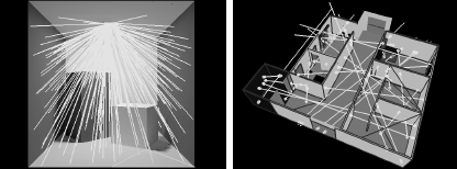 Figure showing form factor sampling: (Left) The fraction of local lines hitting a particular destination patch is an estimate for the form factor between source and destination. Global lines (right) are constructed without reference to any of the patches in the scene. Their intersection points with the surfaces in the scene are, however, also uniformly distributed. The angle between these lines and the normal on each intersected surface is cosine distributed, just like with local lines. The intersection points define spans on each line. Each global line span can be used bidirectionally for form factor computation between the connected patches.
