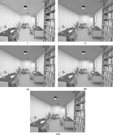 Figure showing stochastic relaxation methods can yield useful images much faster than their deterministic counterparts. The environment shown consists of slightly more than 30,000 patches. The top image was obtained with incremental stochastic power-shooting iterations in about 10 seconds on a 2GHz Pentium-4 PC, using about 106 rays. Even if only 1 ray were used for each form factor, 9 · 108 rays would be required with a deterministic method. Noisy artifacts are still visible but are progressively reduced using regular stochastic power-shooting iterations. After about 3 minutes, they are not visible anymore.