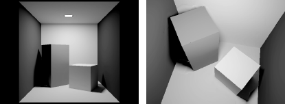 Figure showing two images generated from the same converged cubic approximation solution. Once the solution has been obtained, a new image for a new viewpoint can be generated in fractions of a second. These images illustrate that orthogonal series estimation (as well as stochastic relaxation methods for higher-order approximations) can result in very high image quality in regions where illumination varies smoothly. In the neighborhood of discontinuities, however, image artifacts may remain. Discontinuity meshing would eliminate these artifacts.