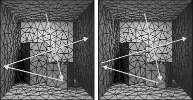 Figure showing continuous (left) versus discrete (right) random walks differ slightly in the way particles are reflected: Particles reflect off their point of incidence in continuous random walks. In discrete random walks, they emerge from a uniformly chosen new location on the patch they hit.