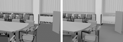 Figure showing the left image illustrates meshing difficulties with stochastic radiosity. On the one hand, high variance on small patches leads to disturbing noisy artifacts: some of these patches will receive no rays, so that they will be rendered black, while other small patches appear overly bright. Large patches, such as the walls and floor in this image, for instance, appear too smooth as only a single radiosity value is computed for the whole patch. Adaptive meshing, hierarchical refinement, and clustering reduce these problems (right image).