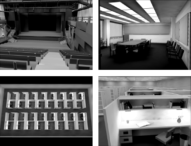 Figure showing images rendered with hierarchical Monte Carlo radiosity [12]. The number of elements in the shown images varies from 88,000 (theater) to more than 500,000 (cubicle office space). The radiosity computations for these images took less than 1 minute on a 2GHz Pentium-4 PC with 256MB of RAM. Once computed, the illuminated model can be rendered from new viewpoints in real time, using a low-cost PC three-dimensional graphics accelerator. Model credits: Candlestick Theater. Design: Mark Mack Architects. Three-dimensional model: Charles Ehrlich and Greg Ward (work conducted as a research project during the Architecture 239X course taught by Kevin Matthews formerly at UC Berkeley, College of Environmental Design). Conference room and cubicle space models by Anat Grynberg and Greg Ward.