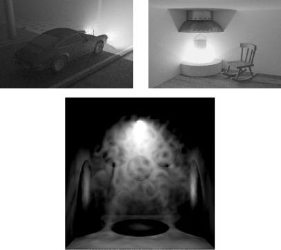 Figure showing some renderings of participating media. The top images have been rendered with bidirectional path tracing.