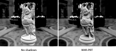 Figure showing the Buddha model rendered with diffuse PRT using an environment map. Left: without shadows; right: with PRT.