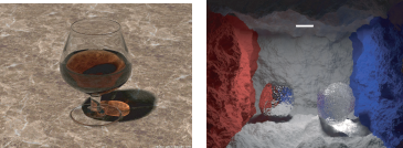 Figure showing examples of images produced using photon mapping. Figure (a) on the left shows caustics, while Figure (b) on the right shows a scene rendered with global illumination and displacement mapping.