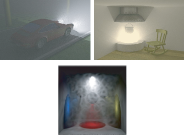 Figure showing some renderings of participating media: using bi-directional path tracing (top) and volume photon mapping (bottom).