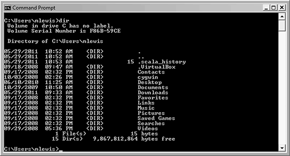 Figure showing the command prompt from Windows after the dir command has been run.