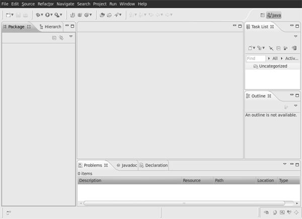 Figure showing A blank Eclipse workspace. This is what you will start with when you are ready to begin programming in Eclipse.