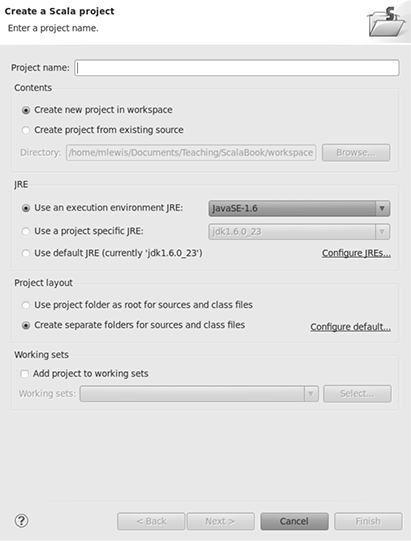 Figure showing Dialog for making a new Scala project.