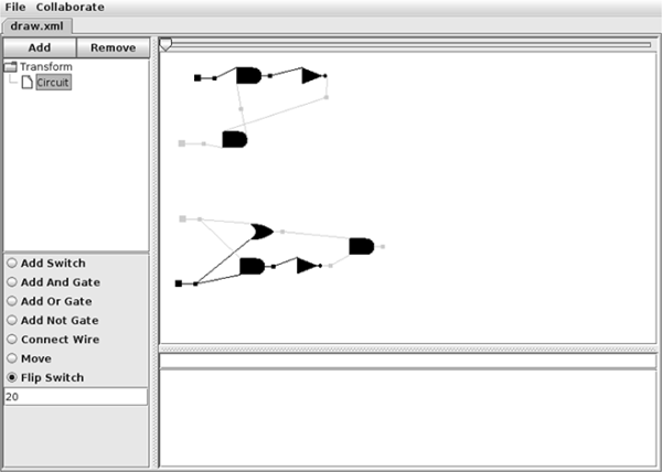 Figure showing screen shot of the drawing program with a DrawCircuit added and two different circuits. Each circuit has two switches on the left side represented by squares. Clicking a square can toggle them on or off. You can think of them as being inputs A and B. The bottom circuit is an 'exclusive or'. It implements the logic A xor B = (A or B) and not (A and B). The top circuit does not have an output. However, when both switches are turned on, a signal propagates around the loop.