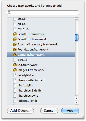 Adding the Game Kit framework to an iOS target